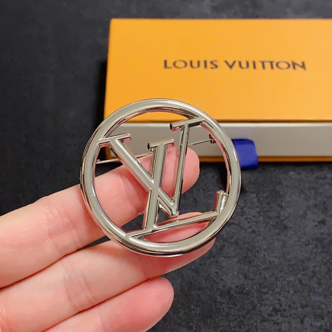 Louis Vuitton Brooch - Silver Circle with LV Logo